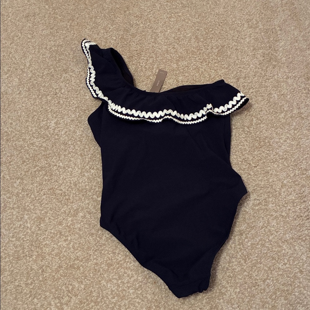 NWT J. Crew One-Shoulder Ruffle One Piece Swimsuit Navy & White sz 8 - Picture 4 of 8